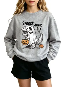 Spooky Saurus Rex kids autumn winter grey crewneck sweatshirt casual long sleeve top
