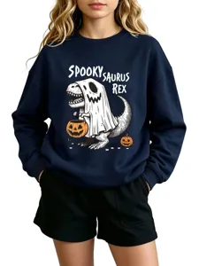 Dark blue Halloween spooky saurus rex graphic crewneck sweatshirt for women daily wear