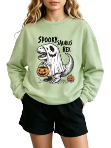 Casual kids spooky saurus rex crewneck sweatshirt for autumn and winter daily wear.