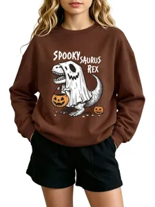 Casual brown Halloween T-Rex dinosaur graphic print crewneck long sleeve sweatshirt for women