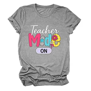 Detail shot of grey women casual short sleeve t-shirt featuring teacher mode on print.