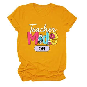 Women casual round neck short sleeve t-shirt featuring fun teacher mode graphic print top.