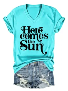 Damen V-Ausschnitt Kurzarm T-Shirt Lässiges Sommer Top mit Buchstaben Druck für Alltag.