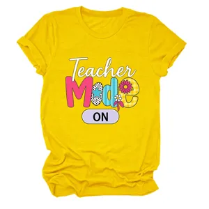 Teacher graphic print bright yellow short sleeve casual round neck women t-shirt top