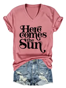 Damen V-Ausschnitt Kurzarm Grafisches T-Shirt Lässiges Sommer Top mit Buchstaben Druck