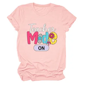 Casual women pink short sleeve t-shirt with cute teacher letter print graphic tee top