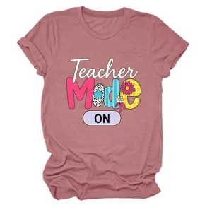Women's short sleeve crewneck t-shirt with teacher mode print casual comfortable top.