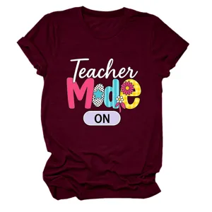 Women short sleeve t-shirt casual burgundy top teacher mode graphic tee comfortable apparel