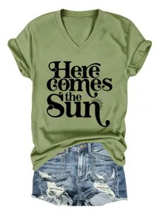 Damen lässiges olivgrünes V-Ausschnitt Kurzarm T-Shirt mit süßem Sonnen-Grafikdruck.