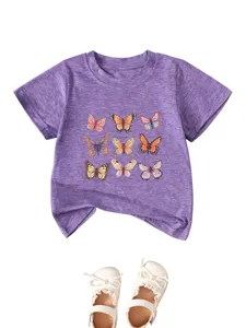 T-shirt violet à manches courtes pour enfants avec motif de papillon haut détail