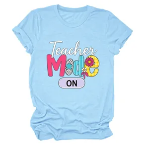 Casual women's short sleeve t-shirt with teacher mode print, comfortable round neck top for daily wear.