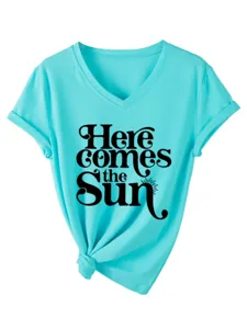 Lässiges V-Ausschnitt Kurzarm-T-Shirt in Türkis mit süßem Sonnen-Grafikdruck für Damen