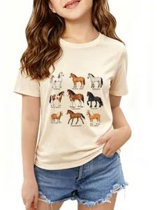 Kids casual beige short sleeve t-shirt featuring classic horse breeds graphic print style.
