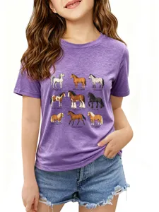 Kids purple short sleeve t-shirt featuring cute horse breeds graphic print for casual wear.