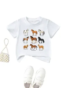 Detailed view of kids white short sleeve t-shirt featuring cute horse breeds print design.