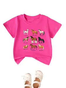 Kids pink short sleeve t-shirt with horse breeds graphic print casual round neck top