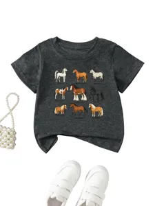 Kids dark grey short sleeve t-shirt with horse breeds print, casual round neck top for children.