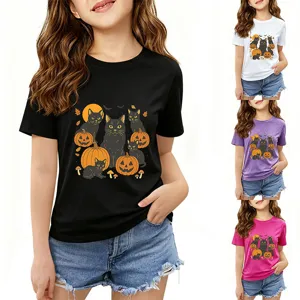 Children cute Halloween black cat print short sleeve t-shirt casual round neck tops
