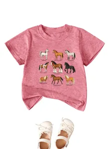 Kids cute pink short sleeve t-shirt featuring horse breeds print graphic casual top.