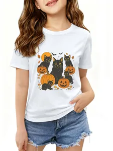 Kids Halloween black cat graphic t-shirt, cute pumpkin print crew neck short sleeve top.