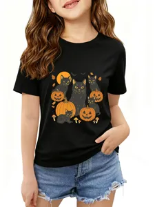 Kids cute black short sleeve t-shirt featuring fun black cats and pumpkin Halloween graphic.