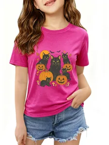 Kids cute Halloween black cat pumpkin graphic short sleeve crew neck pink t-shirt detail