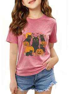 Close-up detail view of the cute kids Halloween graphic t-shirt featuring black cats and pumpkins.