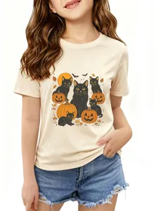 Close-up view of the cute black cat and pumpkin graphic printed on the soft casual kids t-shirt.