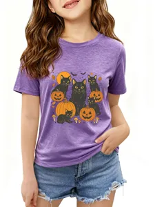 Cute Halloween black cats print short sleeve t-shirt for kids casual purple top tee!
