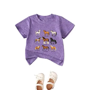Cute purple short sleeve toddler t-shirt featuring horse breed graphics and white shoes.