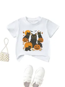 Detail view of cute kids short sleeve t-shirt featuring black cats and halloween pumpkin print.