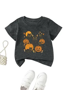 Kids Halloween black cat and pumpkin graphic crewneck short sleeve t-shirt detail view