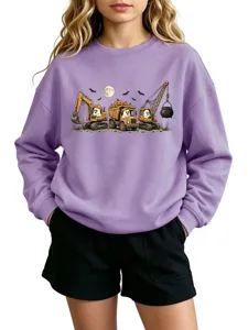 Felpa carina di Halloween con fantasmi ed escavatore viola casual a maniche lunghe girocollo.