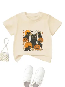 Kids Halloween black cat pumpkin graphic short sleeve t-shirt casual round neck tee top