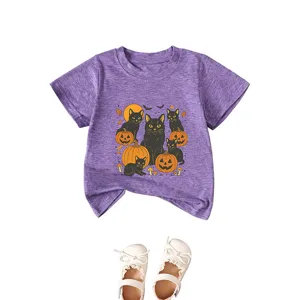 Purple toddler short sleeve t-shirt with cute black cat and pumpkin Halloween graphic main view