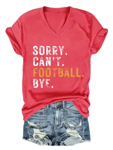 Red V-neck short sleeve T-shirt with football slogan print detail for women casual wear.