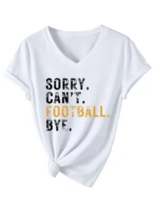 Detailed view of the casual V-neck short sleeve t-shirt with trendy slogan print and knot hem.