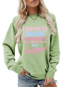 Felpa casual da donna verde a manica lunga con stampa di lettere divertente e comoda.