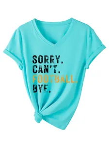 Casual turquoise V-neck short sleeve women T-shirt with funny football slogan print detail.