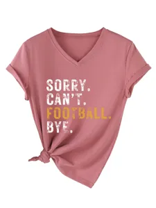 Casual women's V-neck short sleeve t-shirt with funny football slogan and knotted hem.