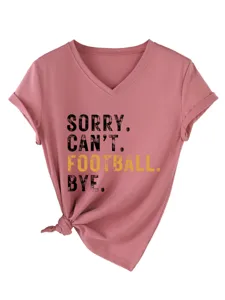Detail view of pink v-neck short sleeve tee featuring front knot and typography print.