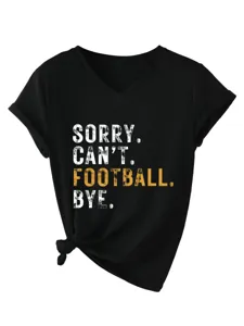 Casual black V-neck short sleeve women's t-shirt with funny football slogan and knotted hem.