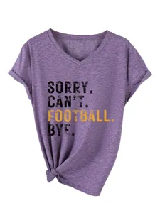 Purple V-neck short sleeve t-shirt with funny football text print and knotted hem detail.