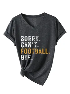 Dark grey V-neck short sleeve T-shirt detail, featuring front letter print and side knot.