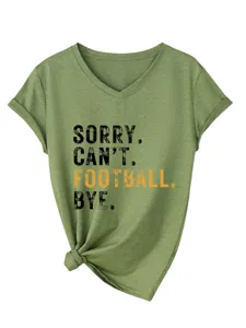 Green V-neck short sleeve T-shirt with slogan print and knotted hem casual top women