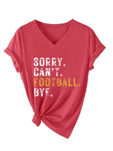 Women red V-neck short sleeve t-shirt with knotted hem and funny football slogan print.