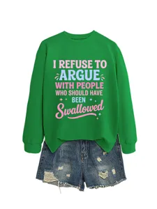 Felpa verde da donna con stampa slogan divertente e dettaglio di pantaloncini in jeans.