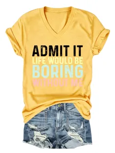 Femme t-shirt col V manches courtes décontracté imprimé slogan haut été mode chic