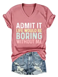Femme décontracté col V manches courtes t-shirt graphique avec slogan et short en jean.