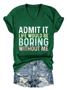 T-shirt vert à col V et manches courtes pour femme avec détail de graphique lettre amusante.